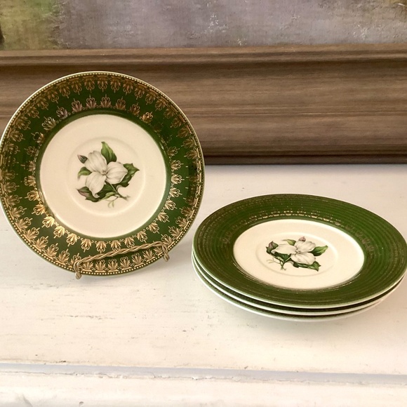 4 saucers American Limoges L'Triomphe Trillium Forest Green Dinnerware 22K Gold - Picture 2 of 9